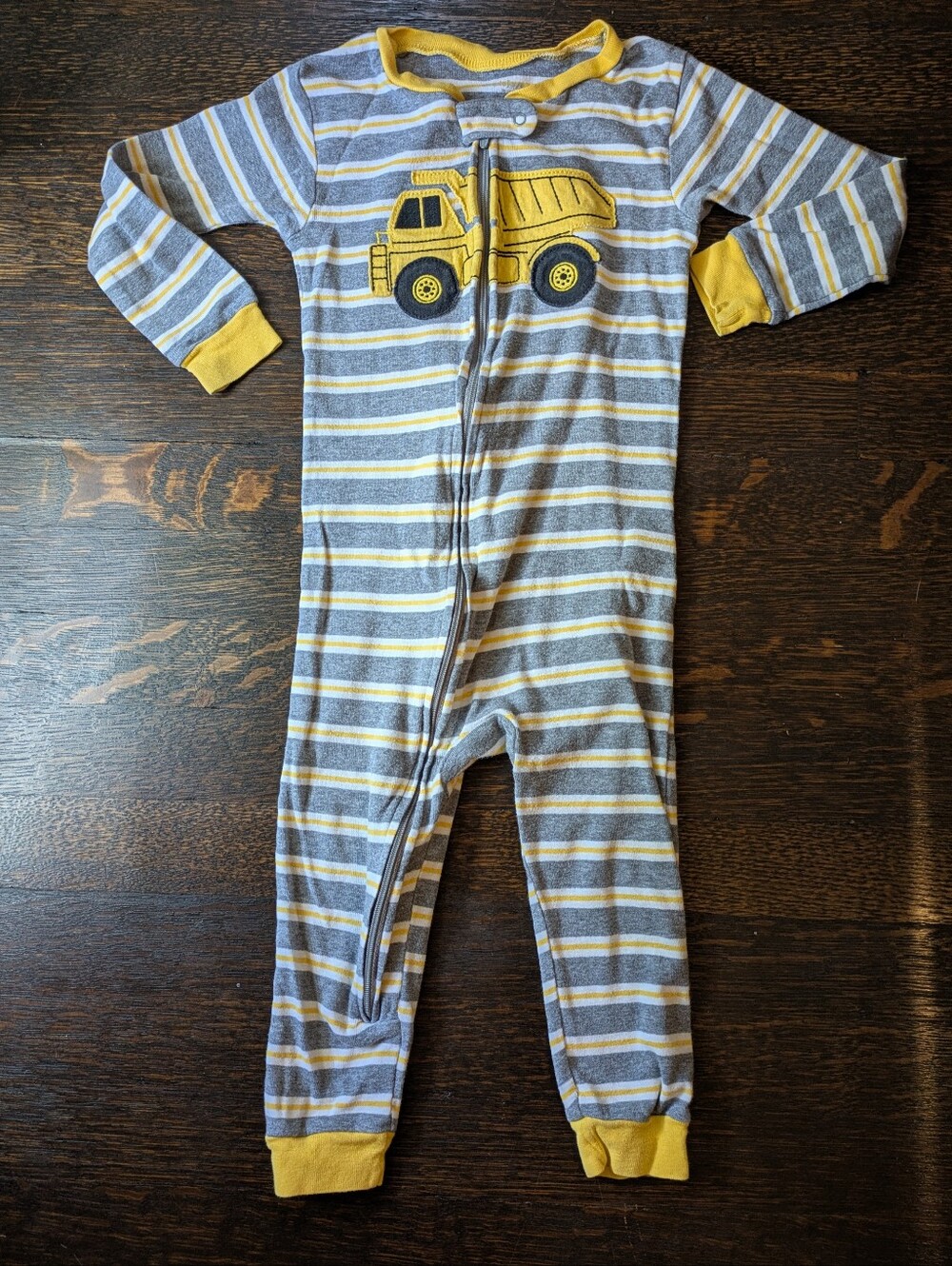 Carter's Yellow and Gray Striped Dump Truck Footless Zip Pajamas